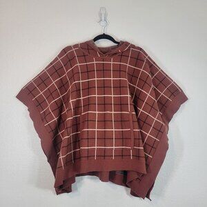 Tahari Plaid Poncho Women One Size Capelet Hooded Pocket Brown Stretch Travel